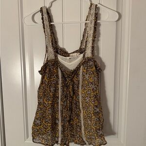 Anthropologie Yellow and Brown Camisole with Lace Trim